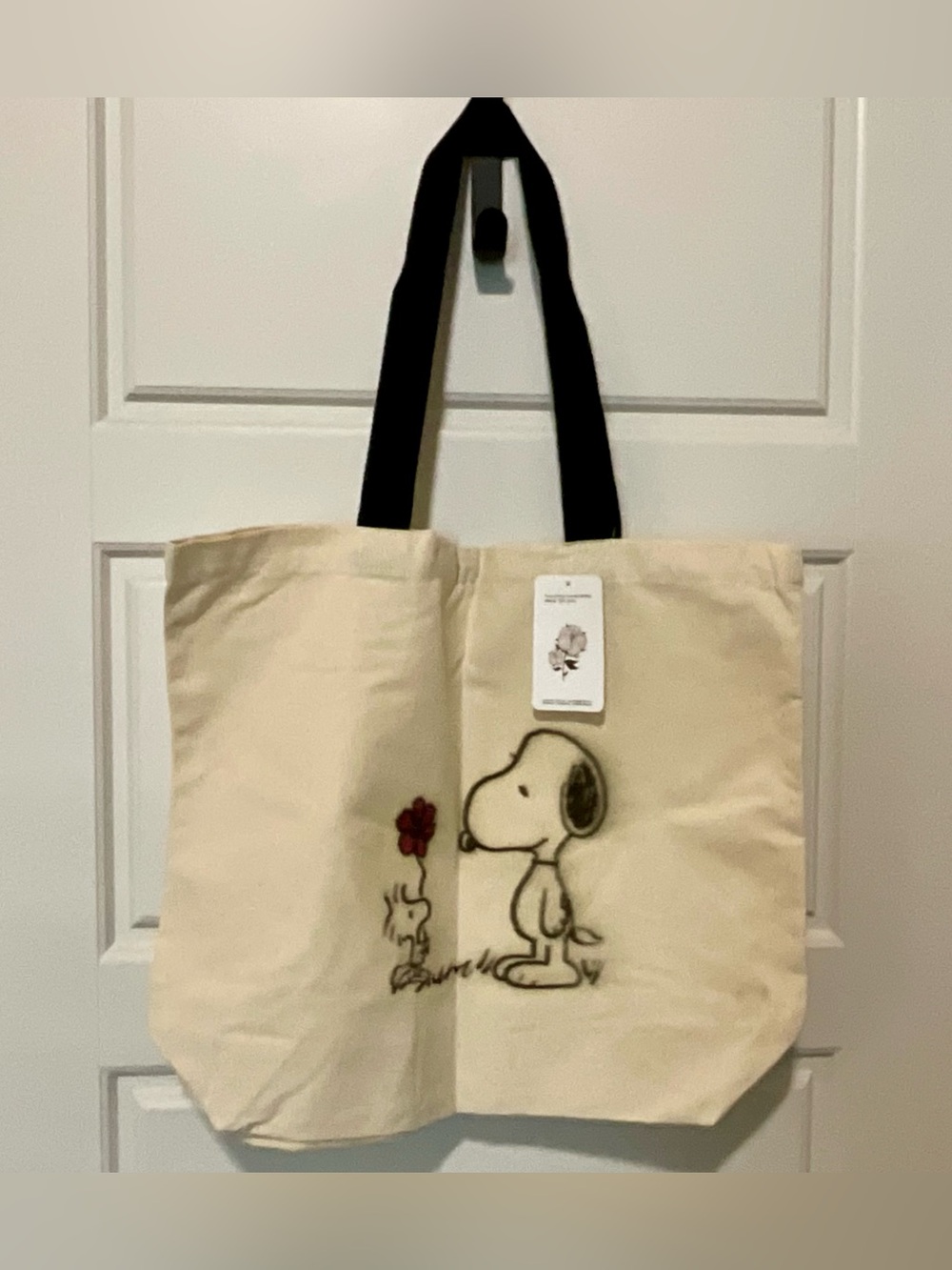 Canvas Snoopy Tote Bag with Black Handles - Beige